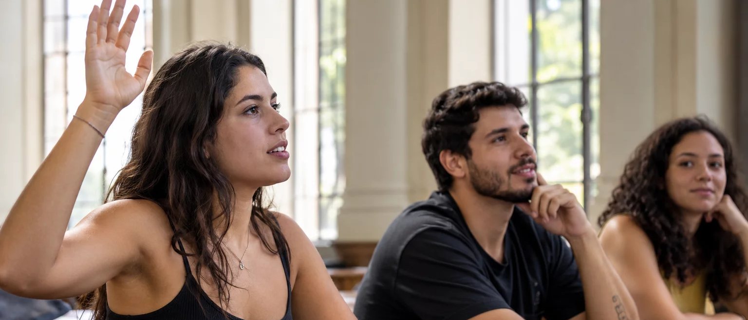 Participante com a mão erguida pedindo a vez, à mesa coberta de folhas escritas