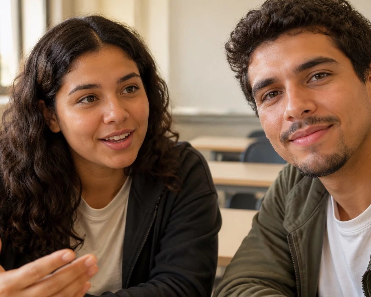 Pessoa em pé diante da turma sustentando um argumento com as anotações na mão